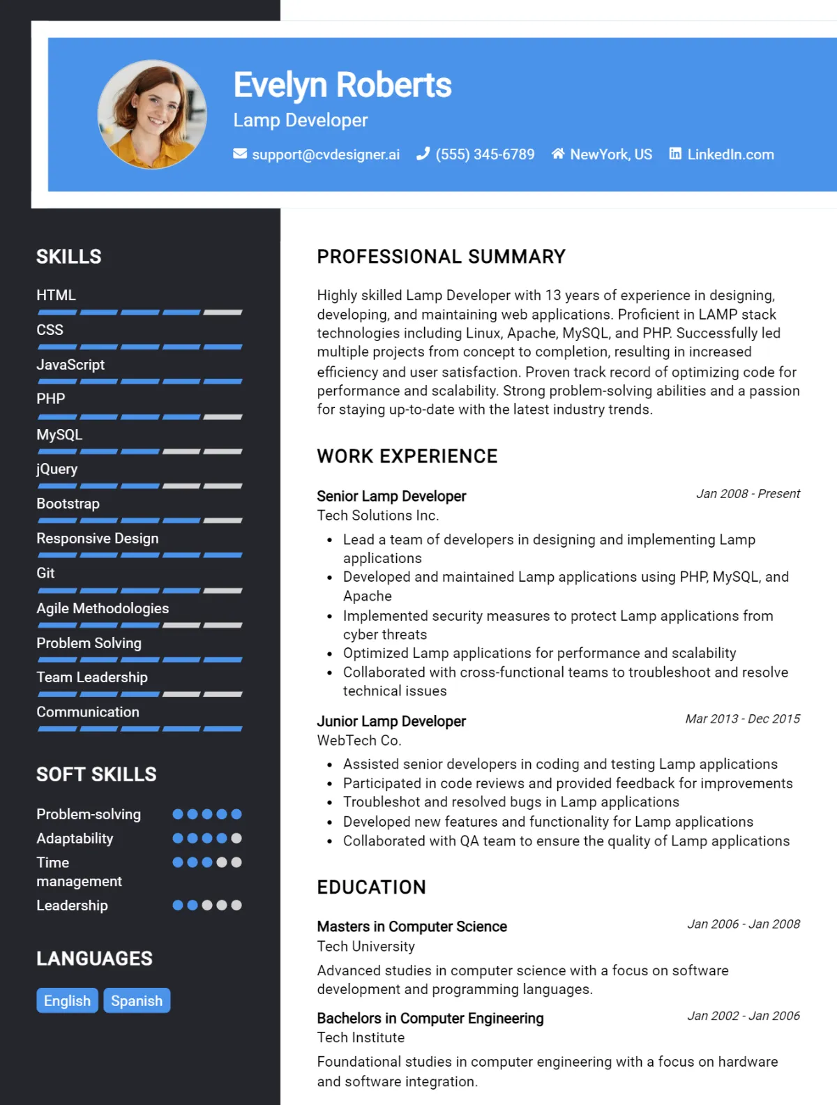 Lamp Developer CV Example For 2026: Examples & Free Templates Preview