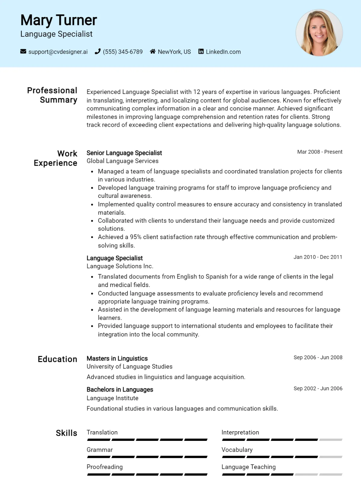 Language Specialist CV Example For 2026: How to Craft a Winning CV Preview