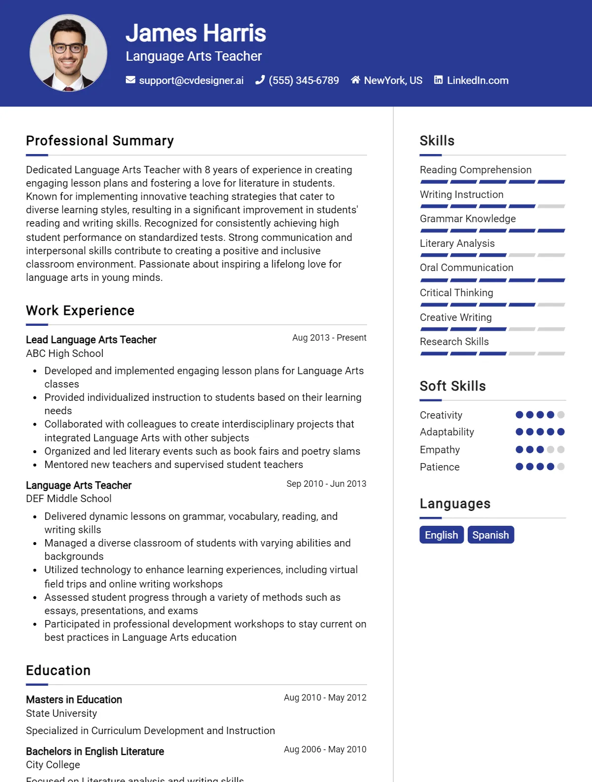 Language Arts Teacher CV Example For 2026: Free Professional Templates Preview