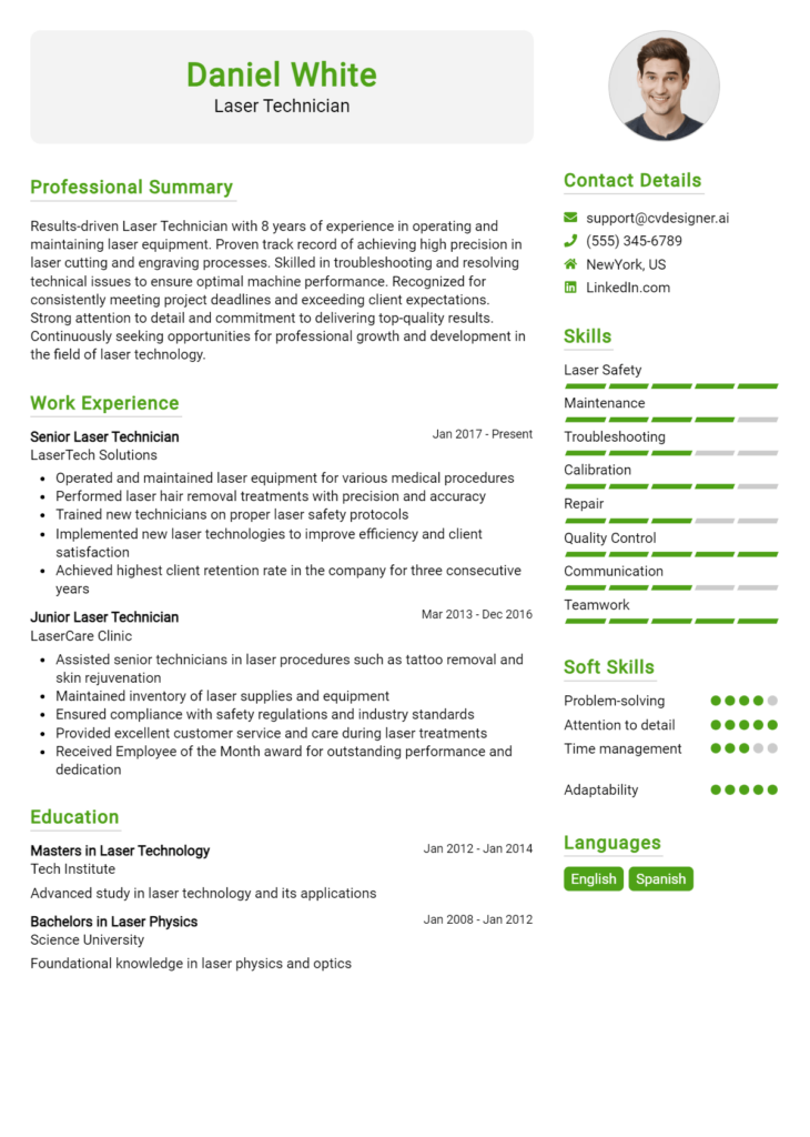 Laser Technician Resume Example
