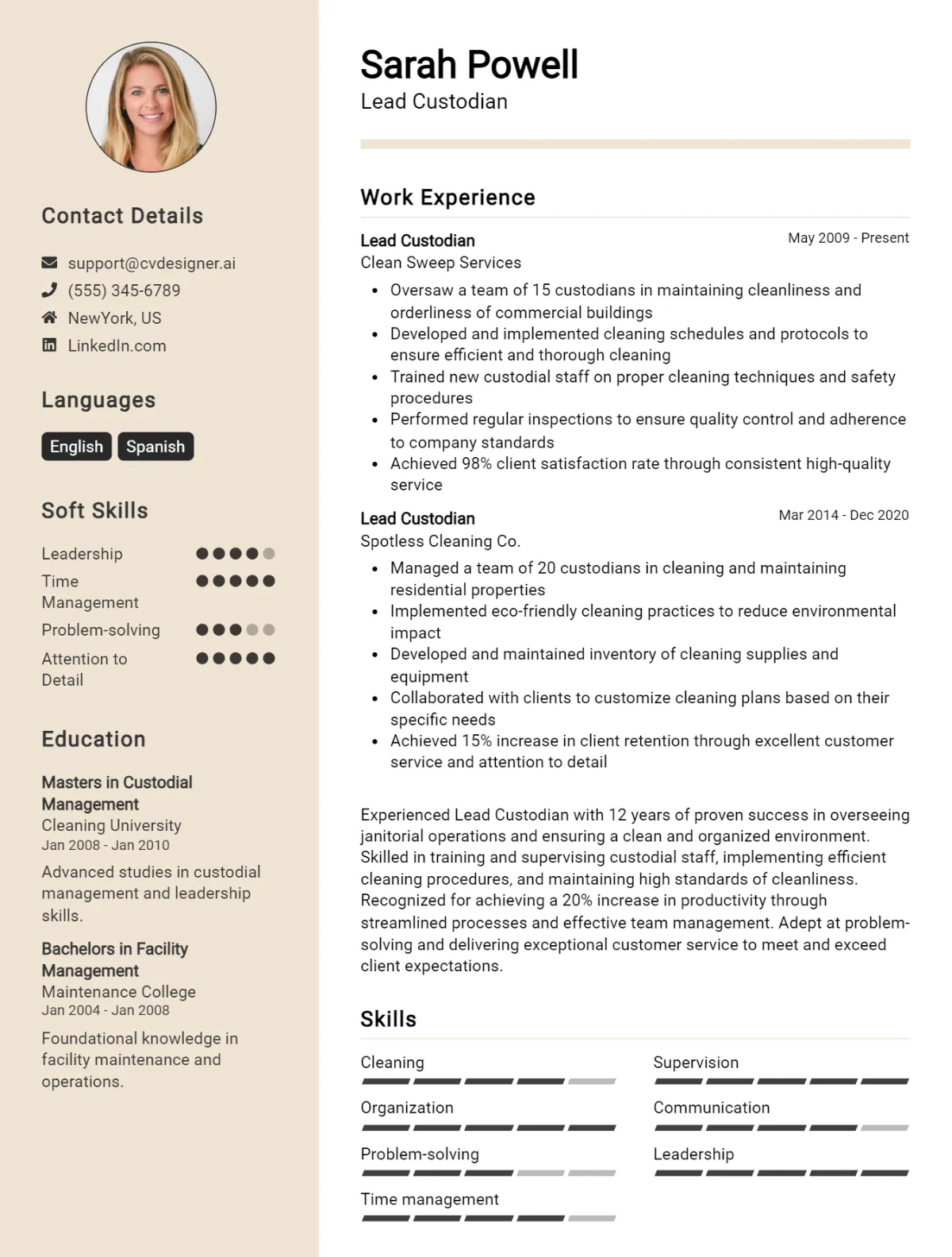 Lead Custodian CV Example For 2026: Free Professional Templates Preview