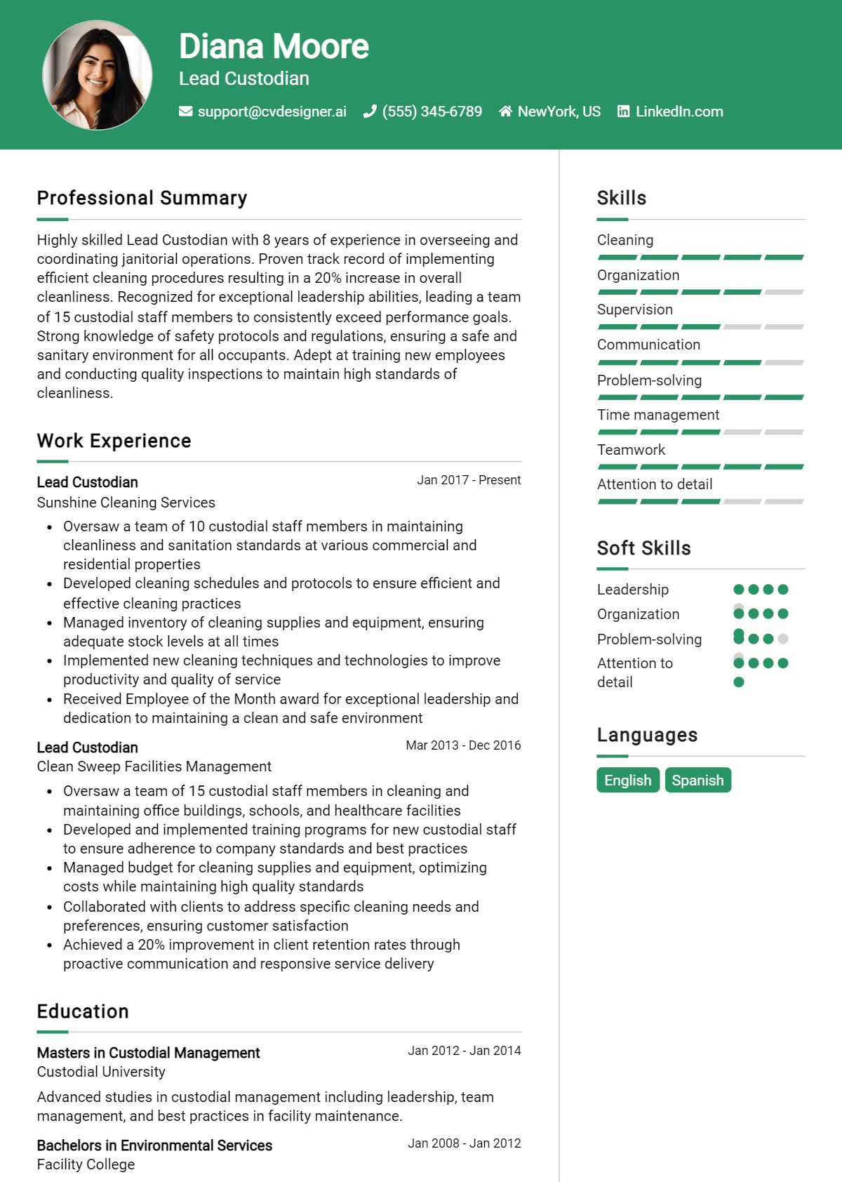Lead Custodian Resume Example for 2026: Examples & Free Templates Preview
