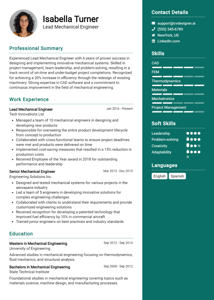 Lead Mechanical Engineer Resume Example