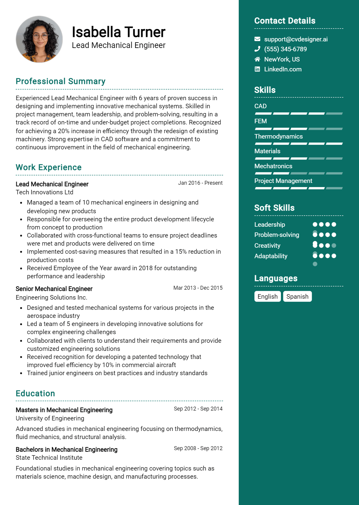Lead Mechanical Engineer Resume Example for 2026: Examples & Free Templates Preview