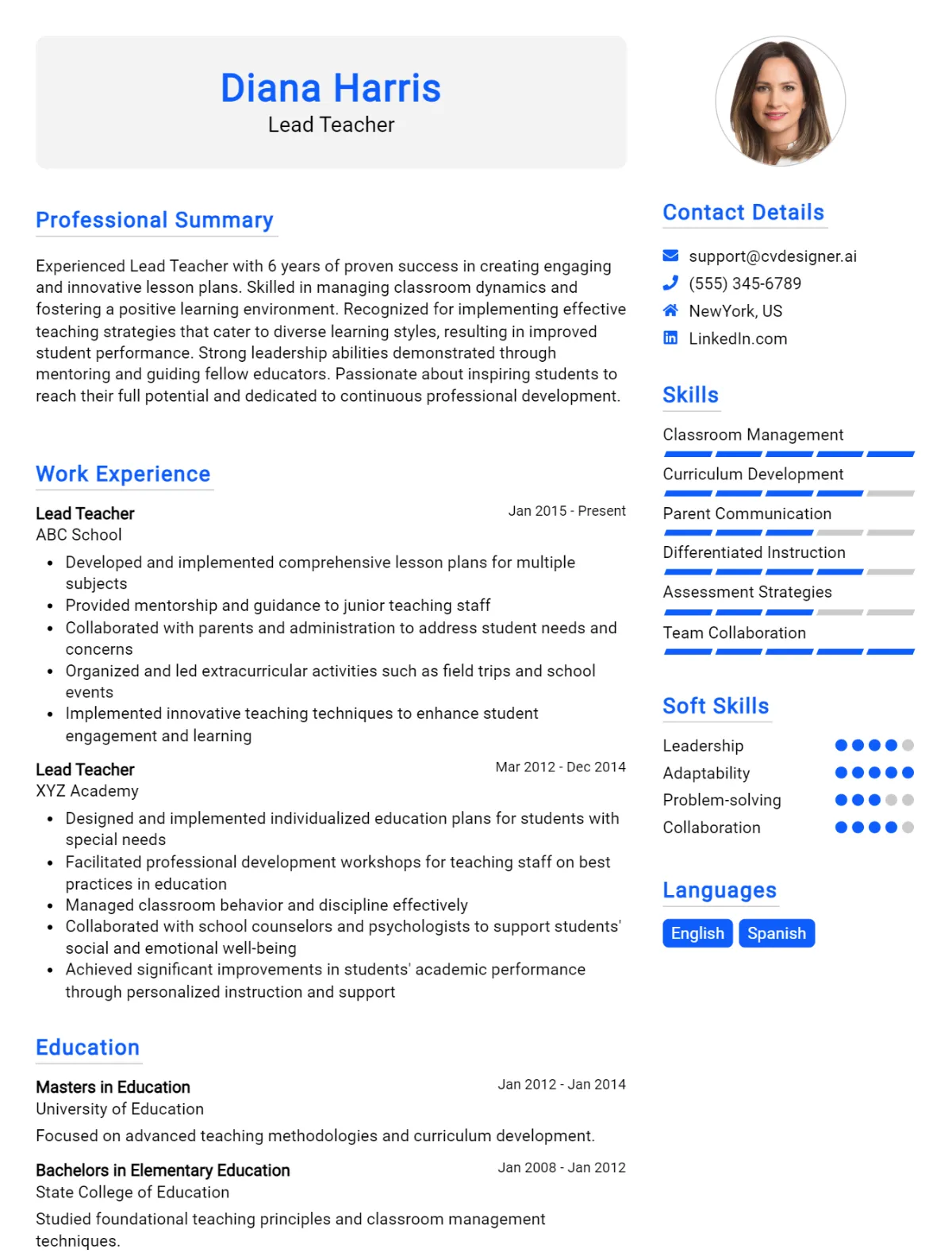 Lead Teacher CV Example For 2026: Free Professional Templates Preview