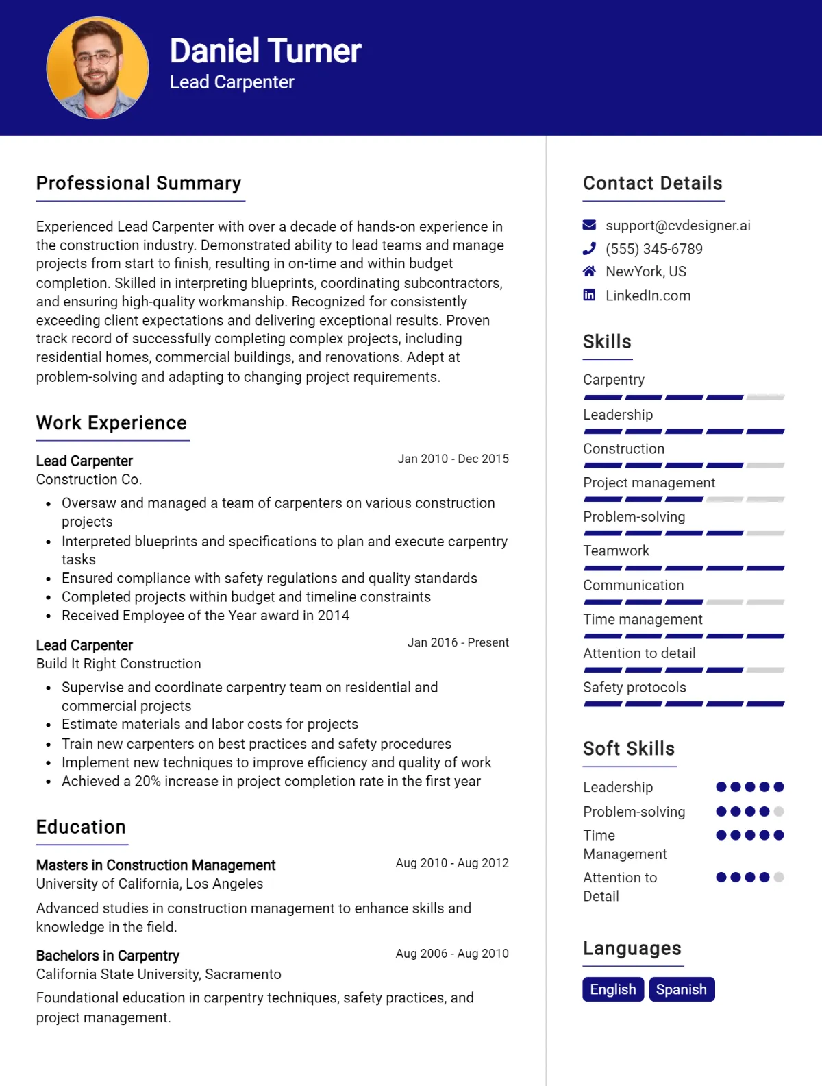 Lead Carpenter CV Example For 2026: Free Professional Templates Preview