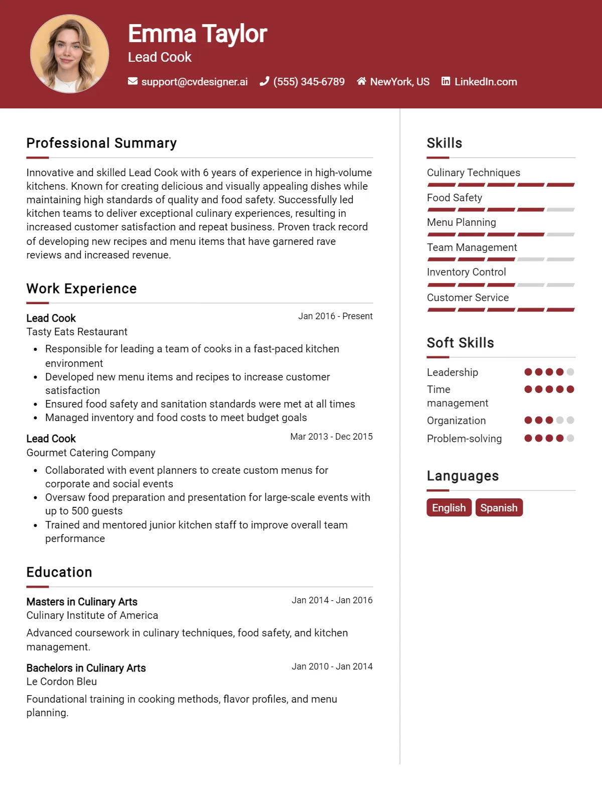 Lead Cook CV Example For 2026: Strategies & Templates Preview