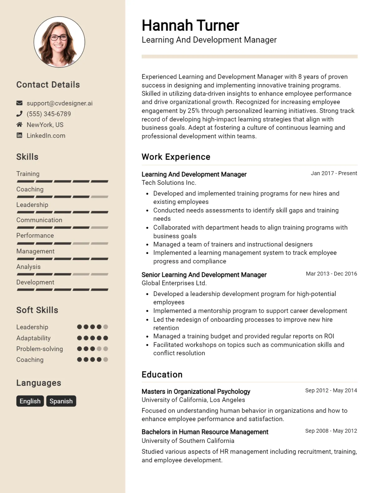 Learning And Development Manager CV Example For 2026: Professional CV Templates Preview