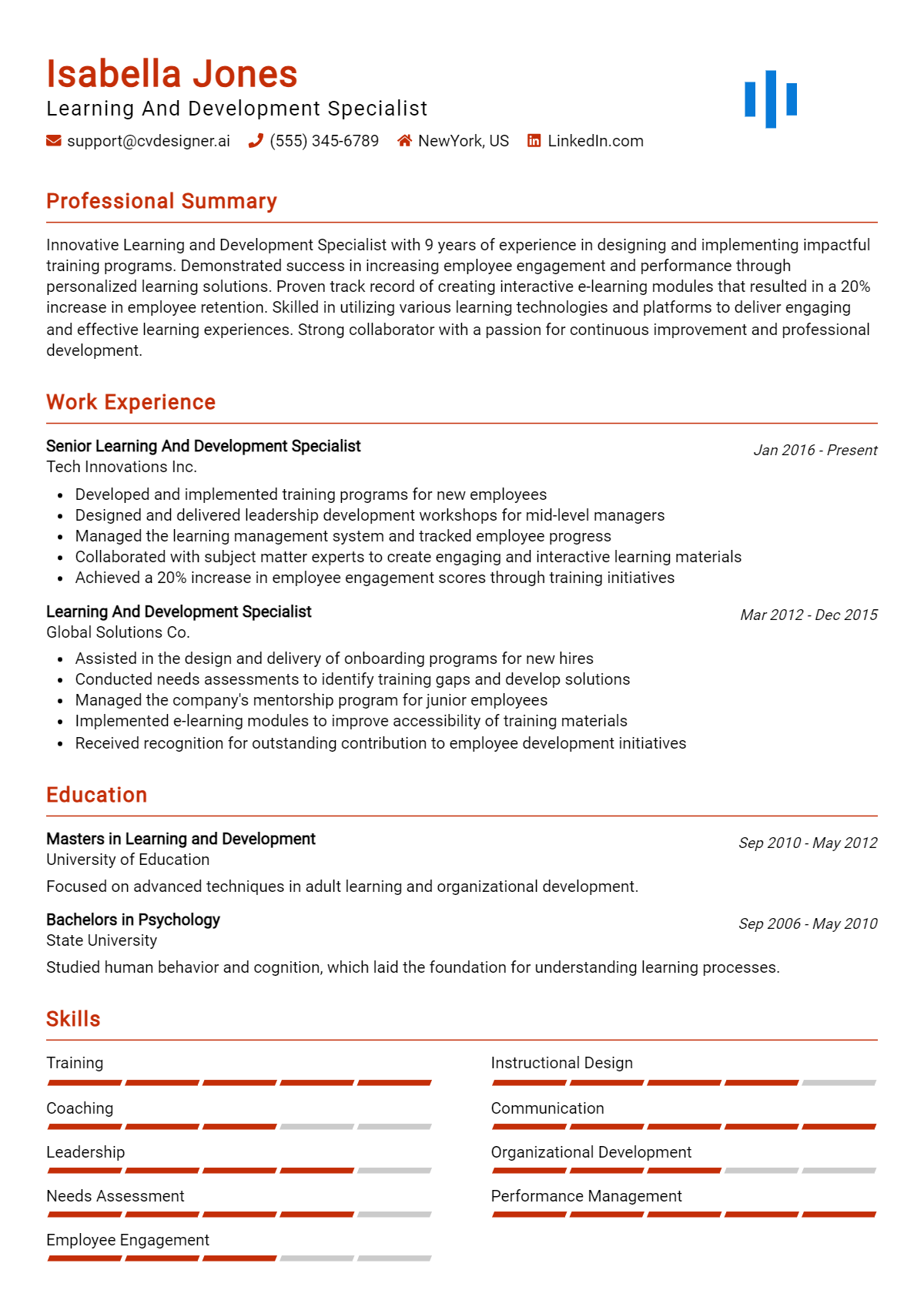 Learning And Development Specialist Resume Example for 2026: Examples & Free Templates Preview