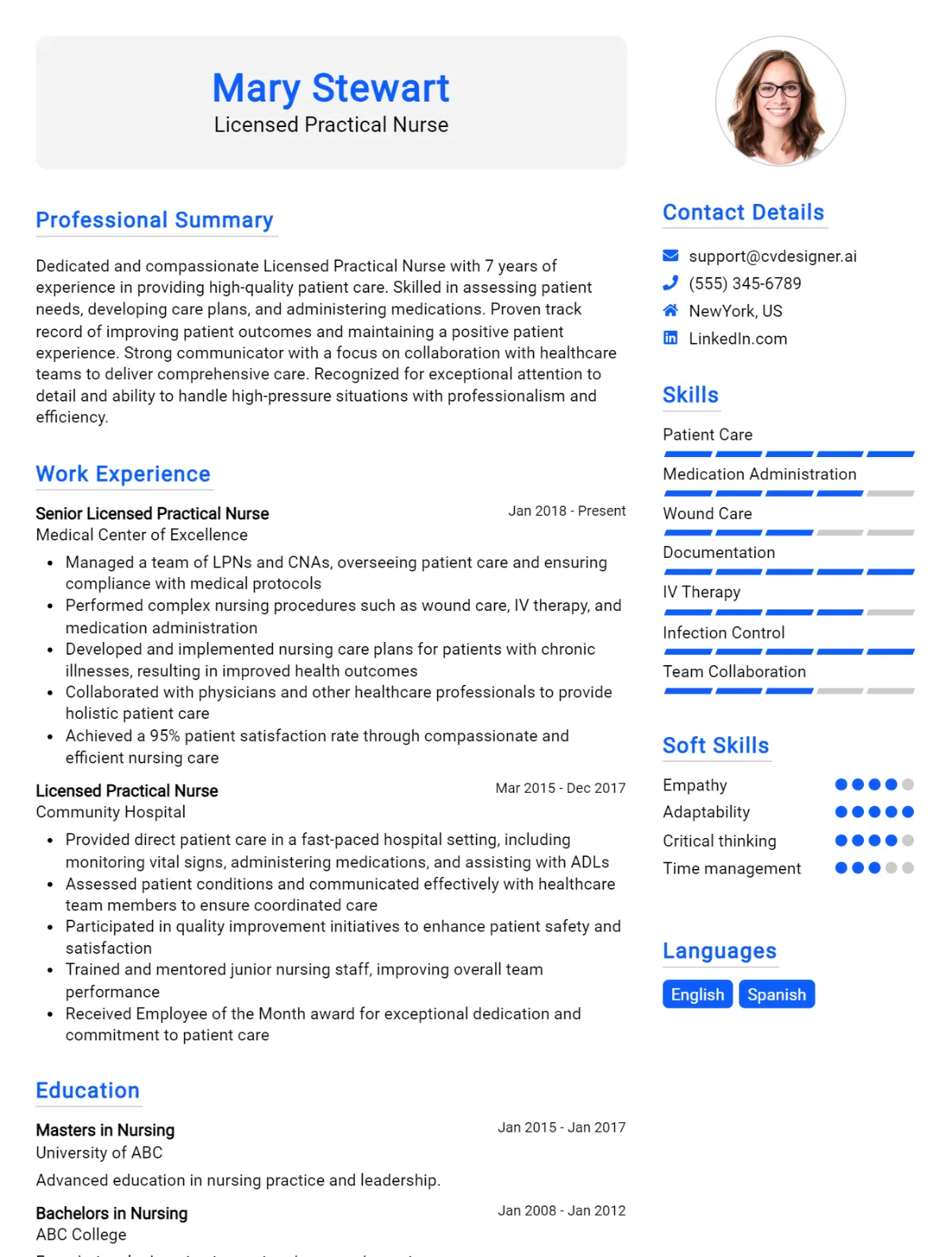 Licensed Practical Nurse CV Example For 2026: Free Professional Templates Preview