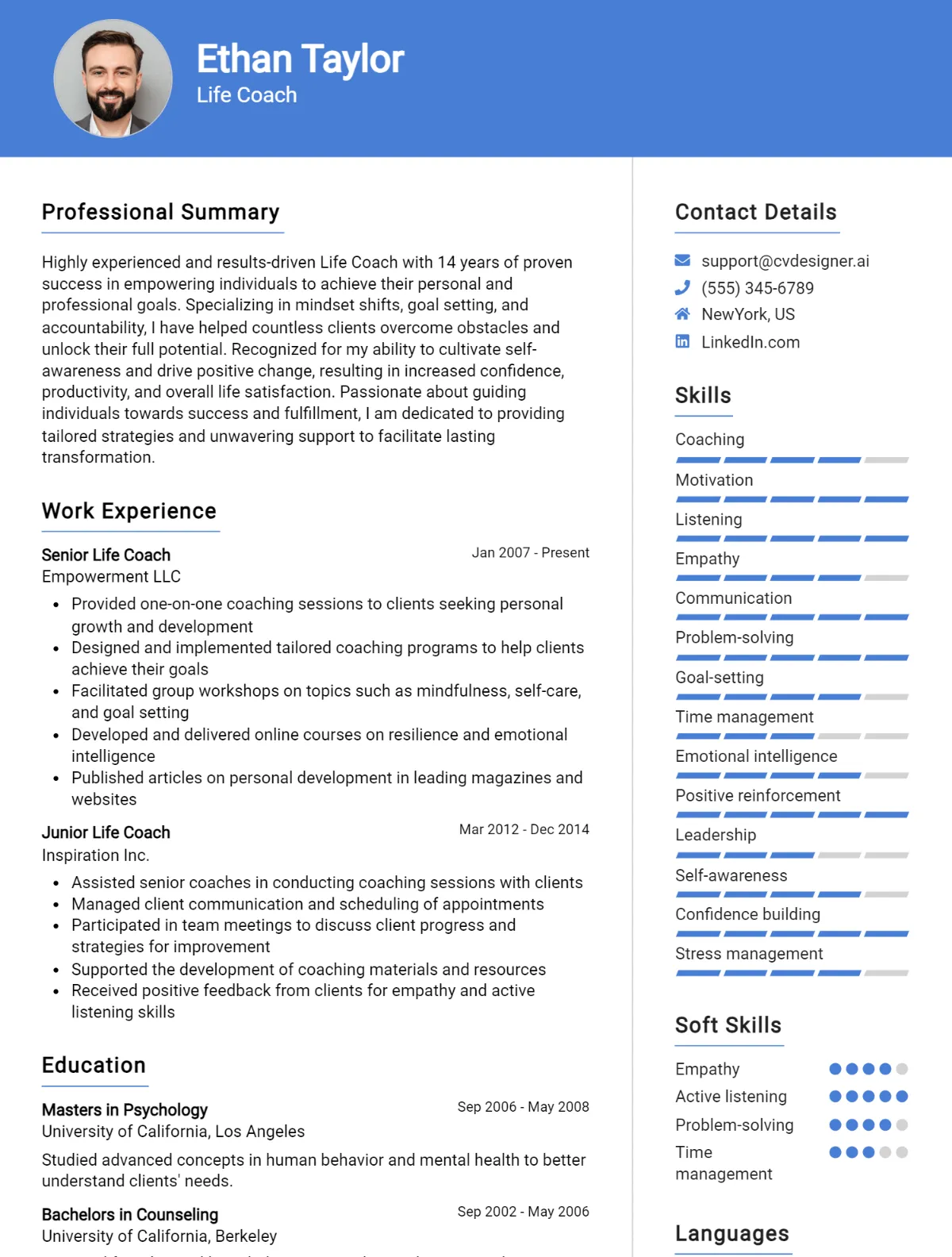 Life Coach CV Example For 2026: Free Downloadable Templates Preview