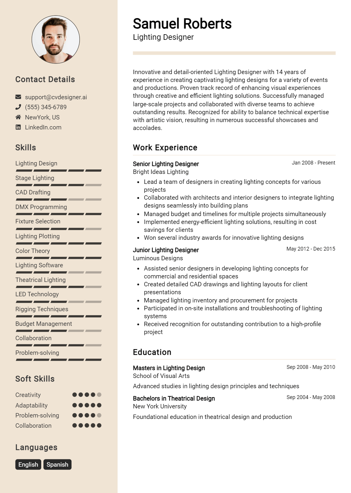 Lighting Designer Resume Example for 2026: Top CV Skills Preview