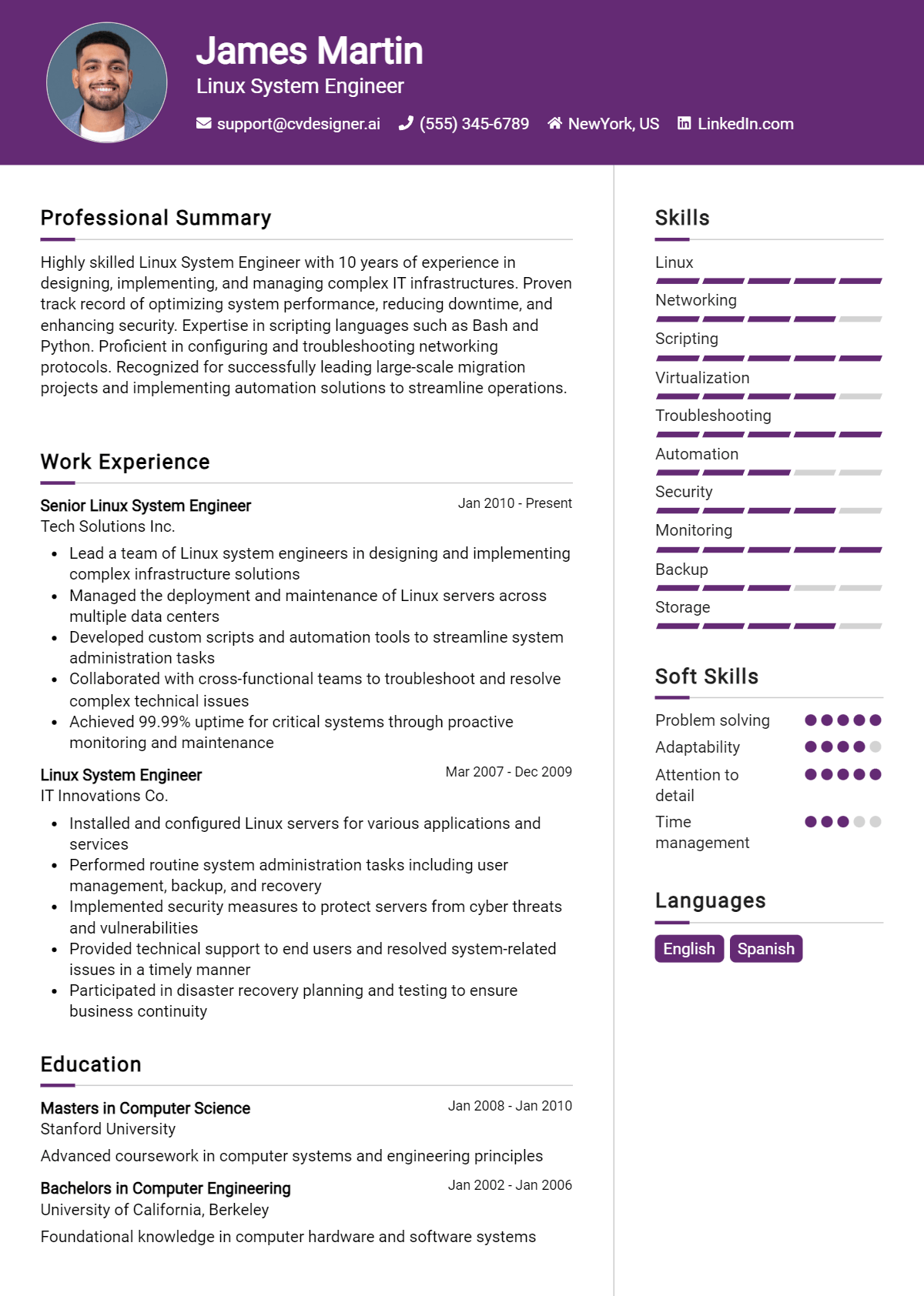 Linux System Engineer Resume Example for 2026: Top CV Skills Preview