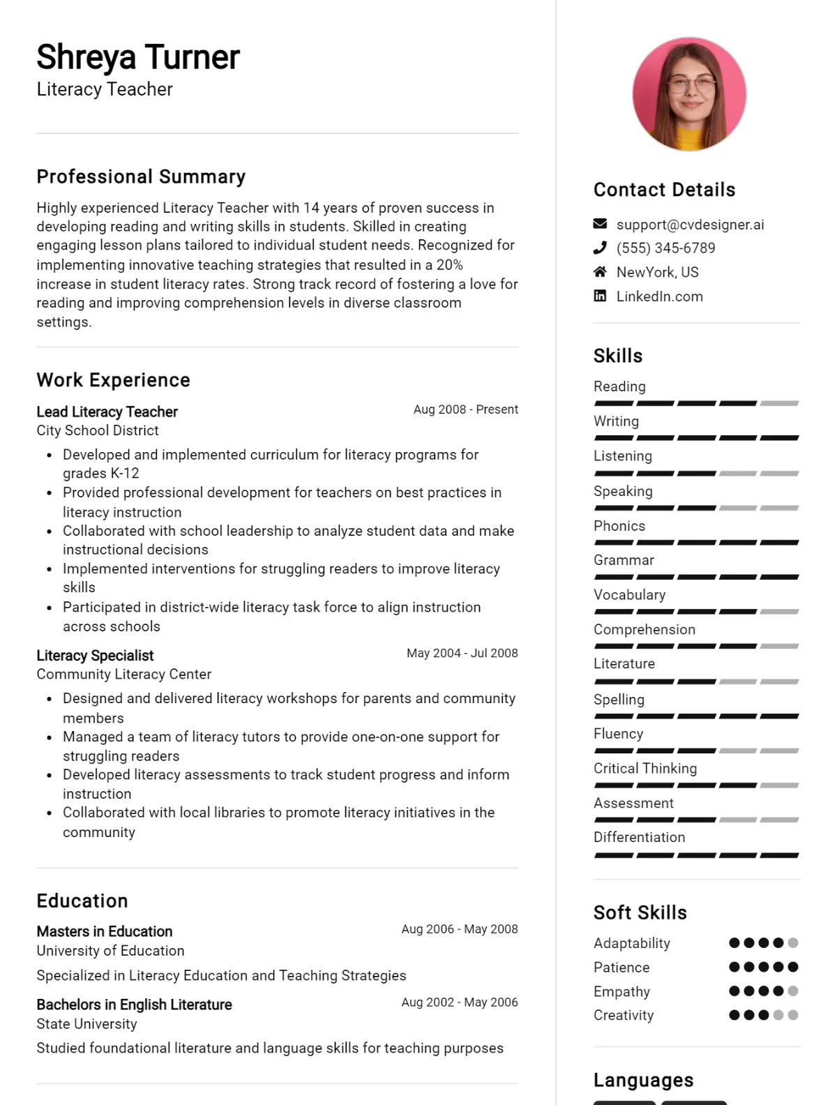Literacy Teacher CV Example For 2026: Strategies & Templates Preview