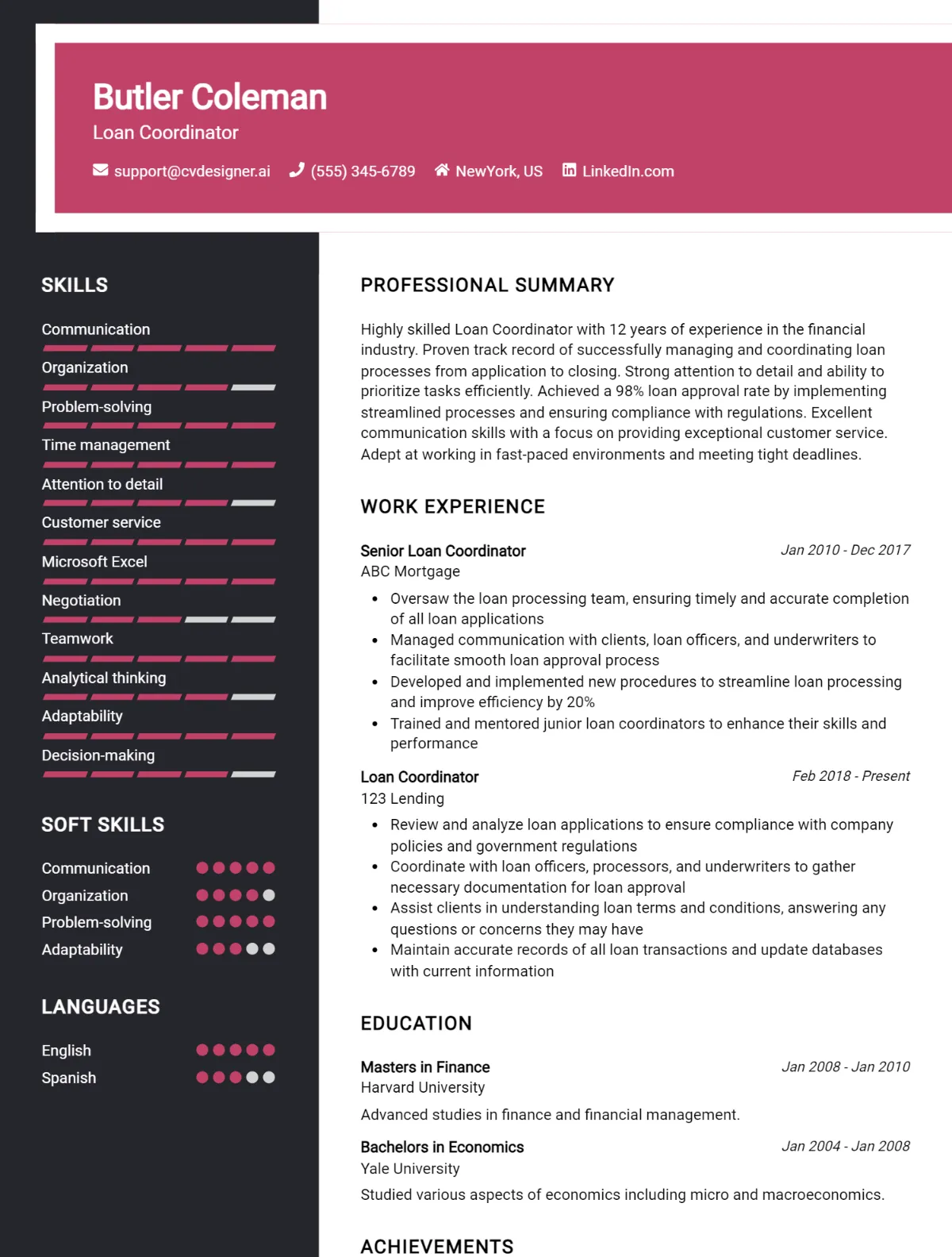 Loan Coordinator CV Example For 2026: Professional CV Templates Preview