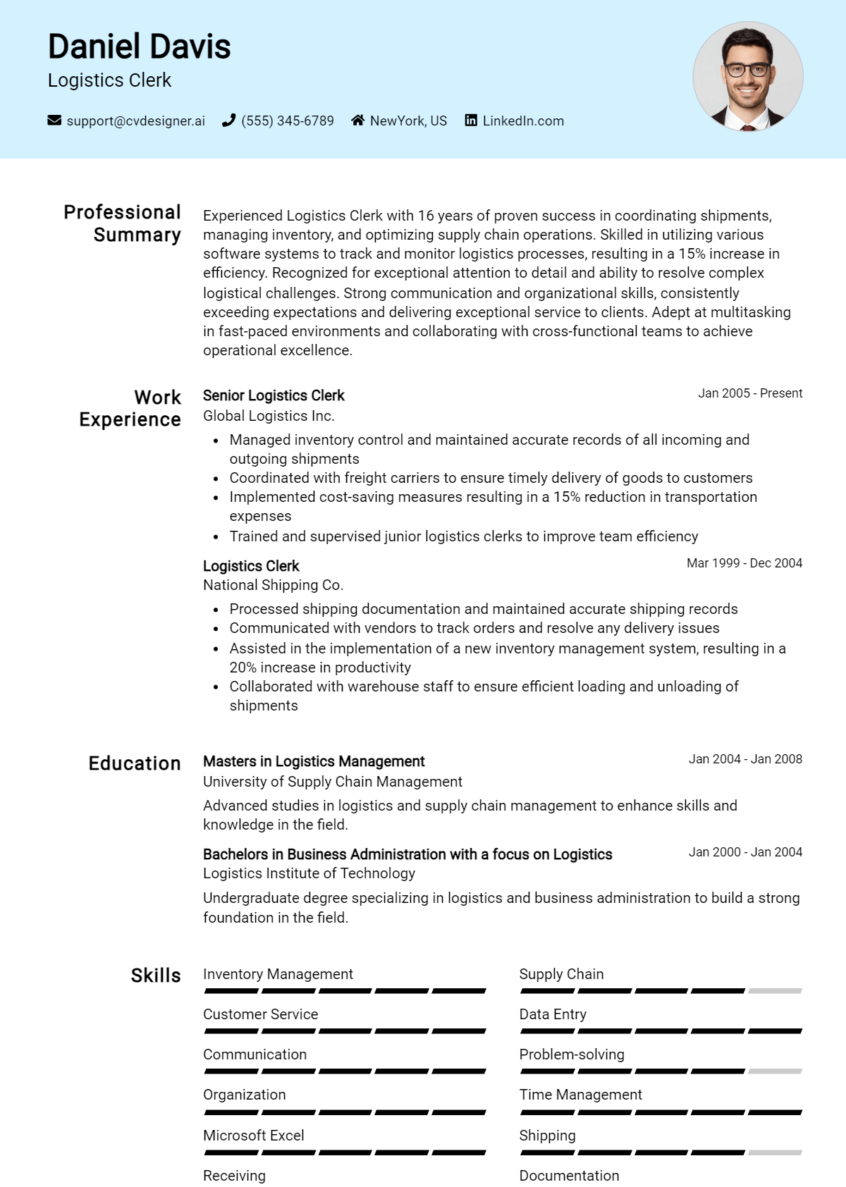 Logistics Clerk Resume Example for 2026: Top CV Skills Preview