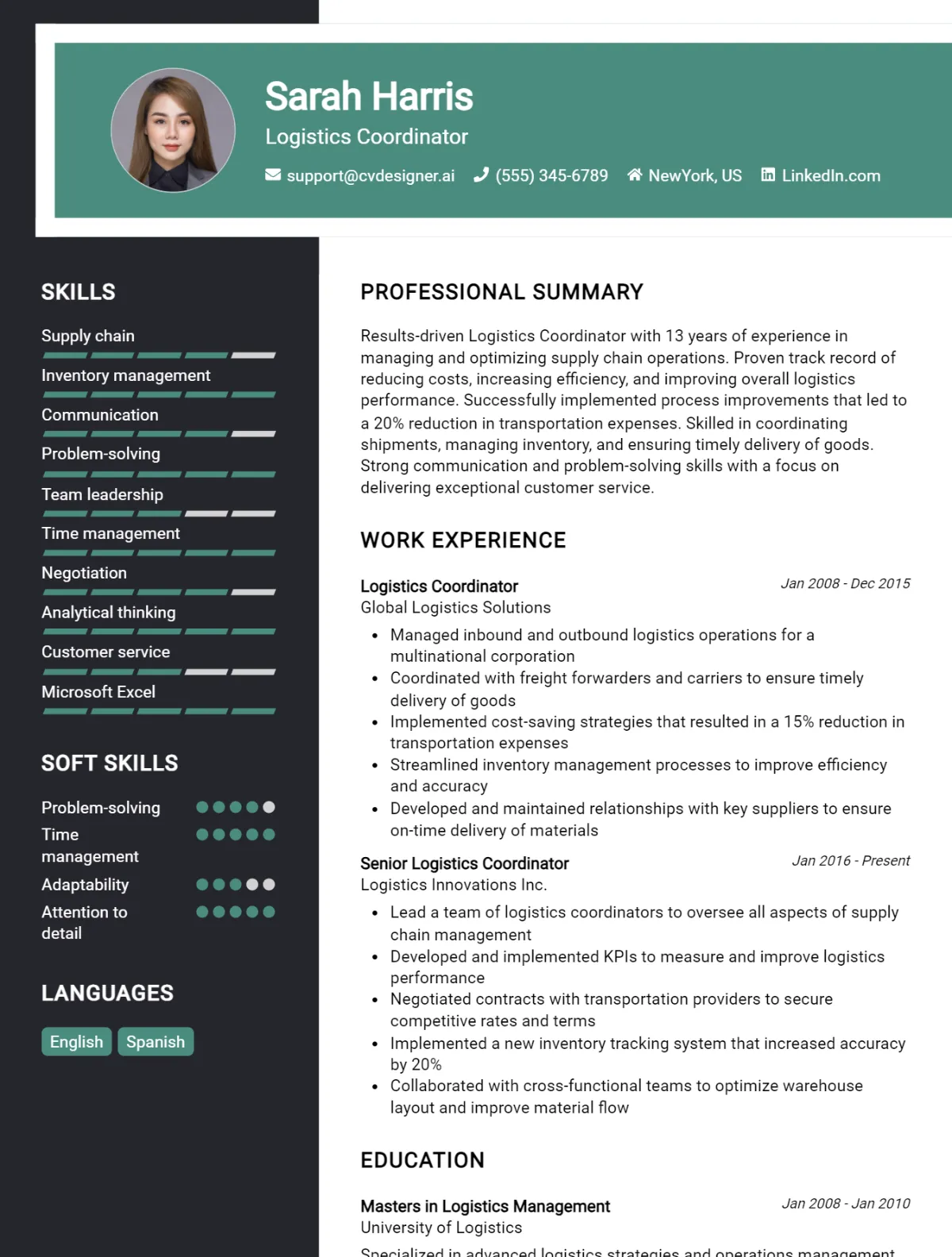 Logistics Coordinator CV Example For 2026: Free Professional Templates Preview