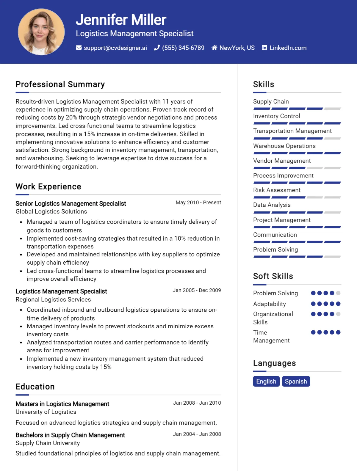 Logistics Management Specialist CV Example For 2026: Samples & Best Practices Preview