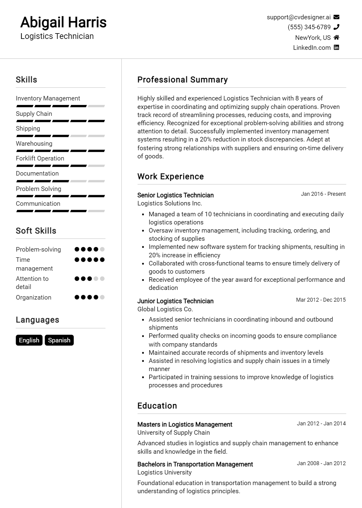 Logistics Technician Resume Example for 2026: Professional CV Templates Preview