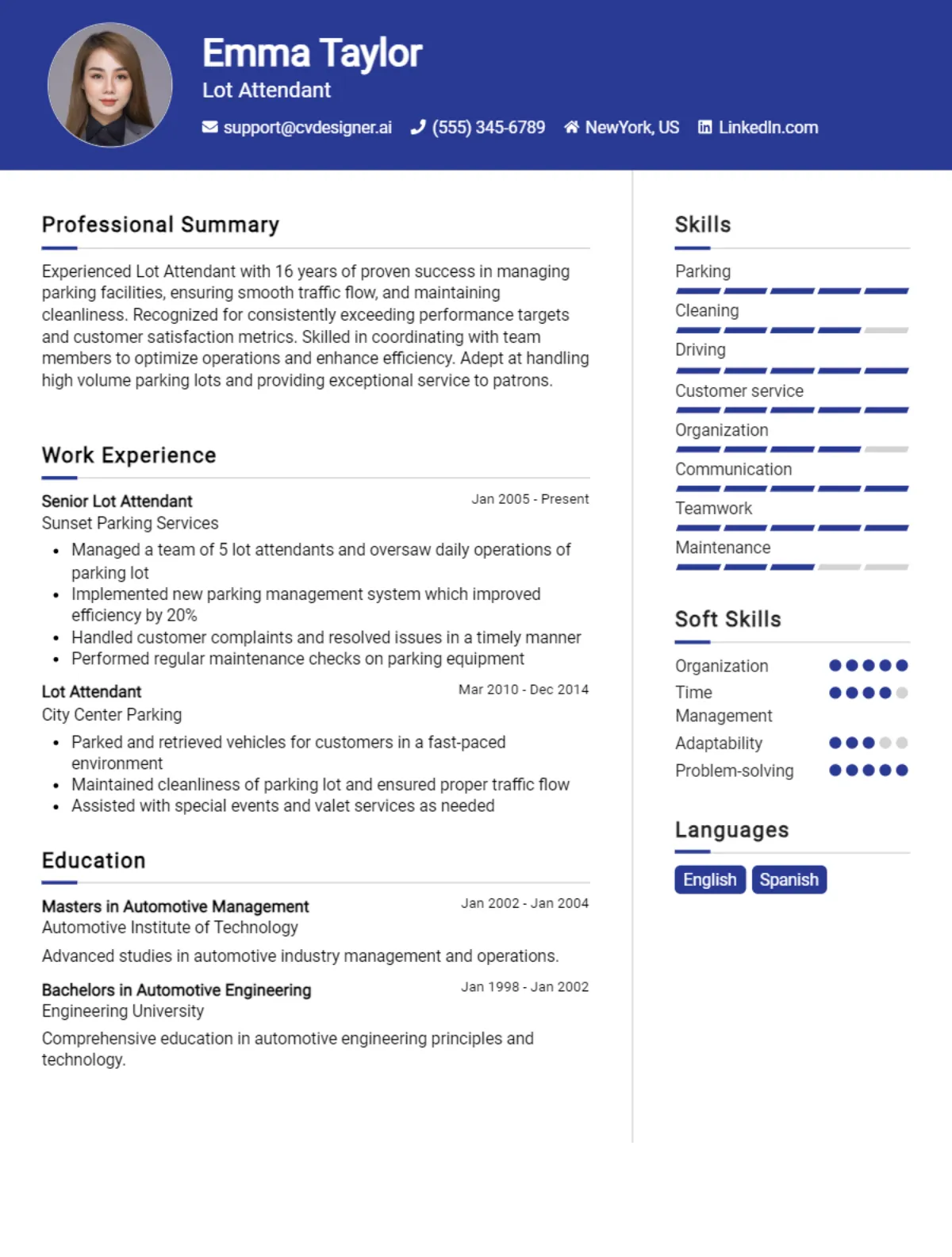 Lot Attendant CV Example For 2026: Best Writing Guide Preview