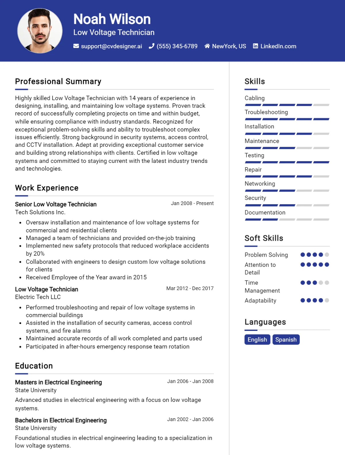 Low Voltage Technician CV Example For 2026: Ultimate Guide Preview