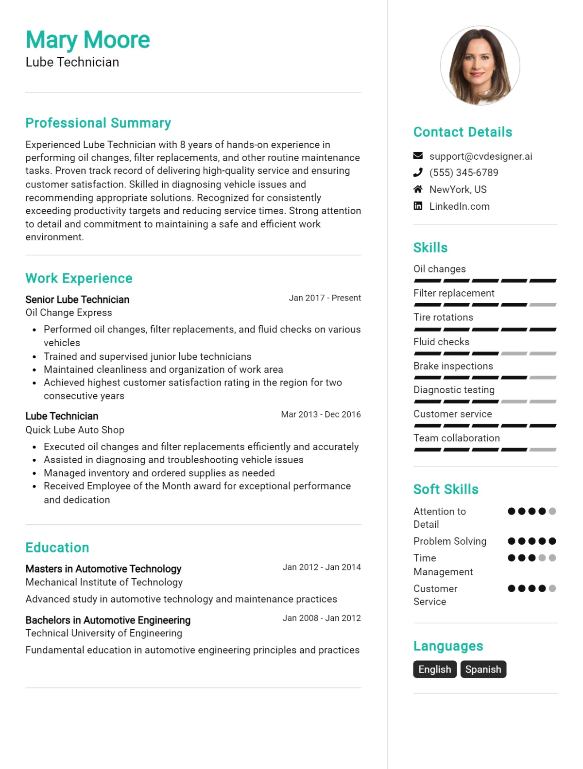 Lube Technician CV Example For 2026: Examples & Free Templates Preview