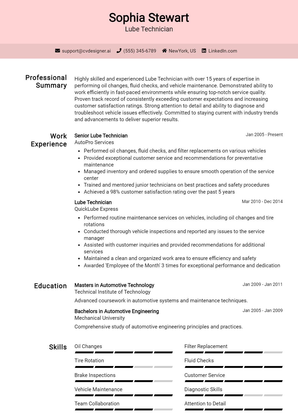 Lube Technician Resume Example for 2026: Top CV Skills Preview