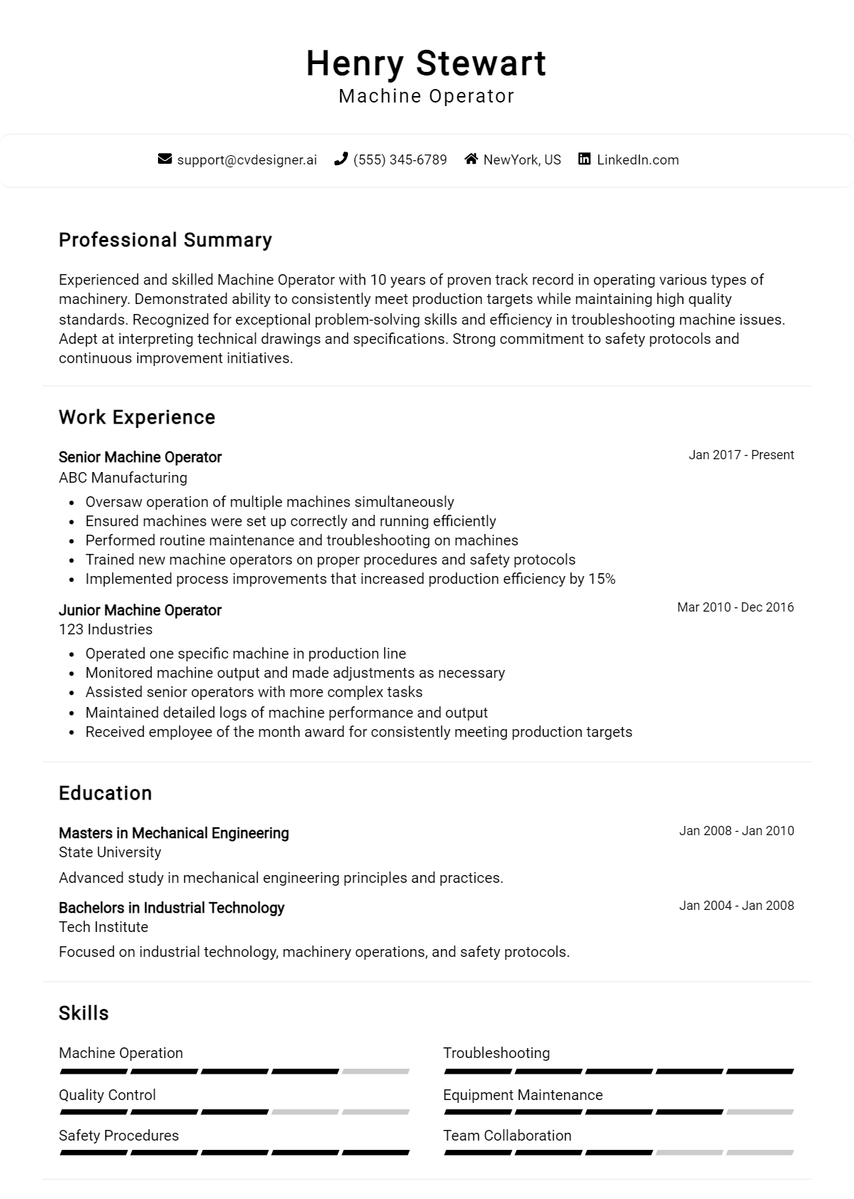 Machine Operator Resume Example for 2026: Samples & Best Practices Preview
