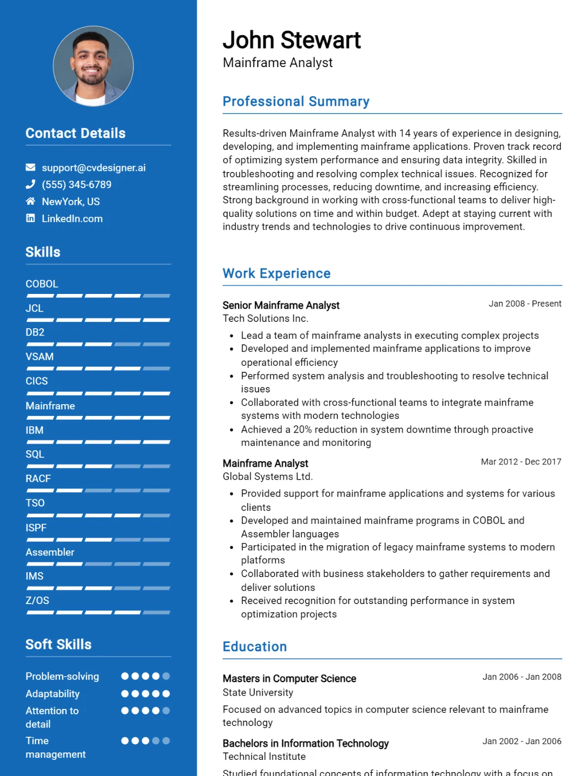 Mainframe Analyst CV Example For 2026: Free Professional Templates Preview
