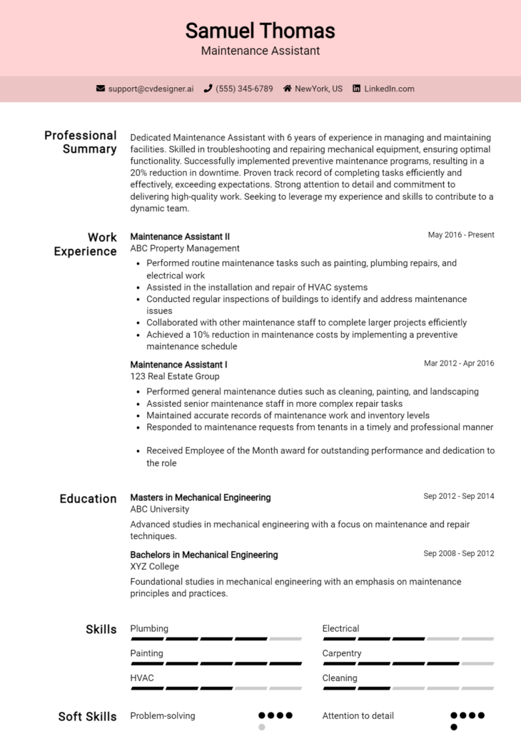 Maintenance Assistant Resume Example