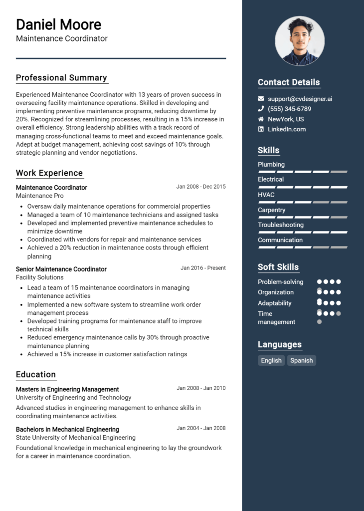 Maintenance Coordinator Resume Example