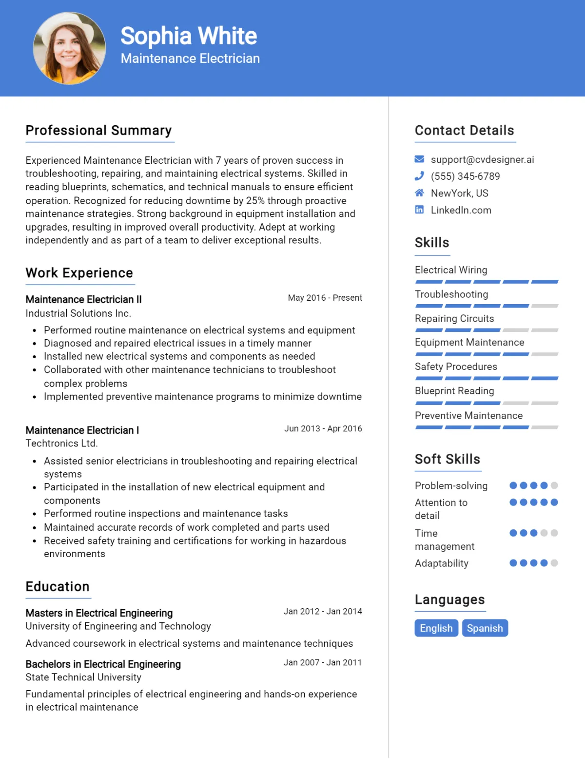 Maintenance Electrician CV Example For 2026: Best Tips & Templates Preview