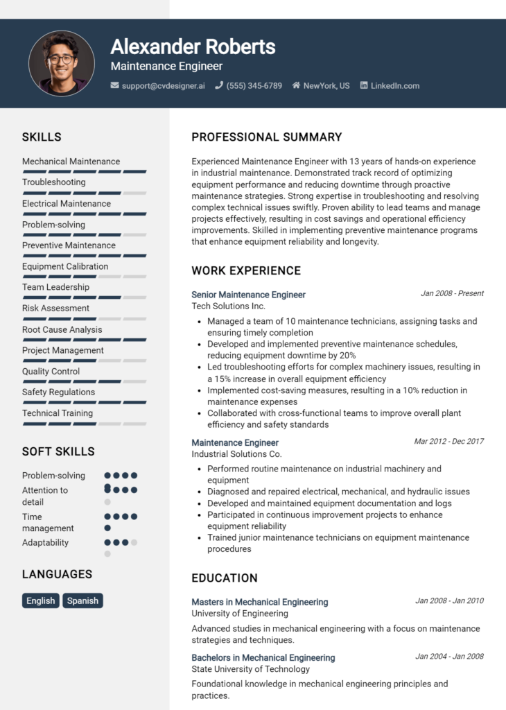 Maintenance Engineer Resume Example