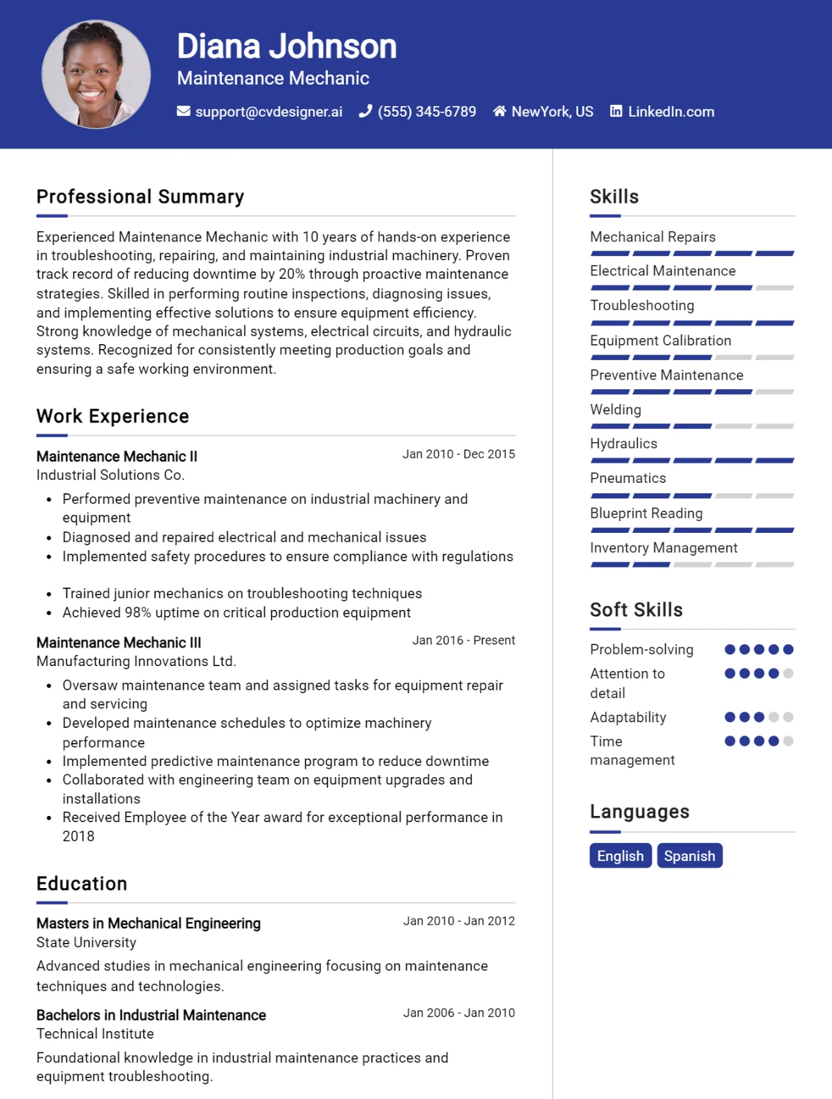 Maintenance Mechanic CV Example For 2026: Examples & Free Templates Preview