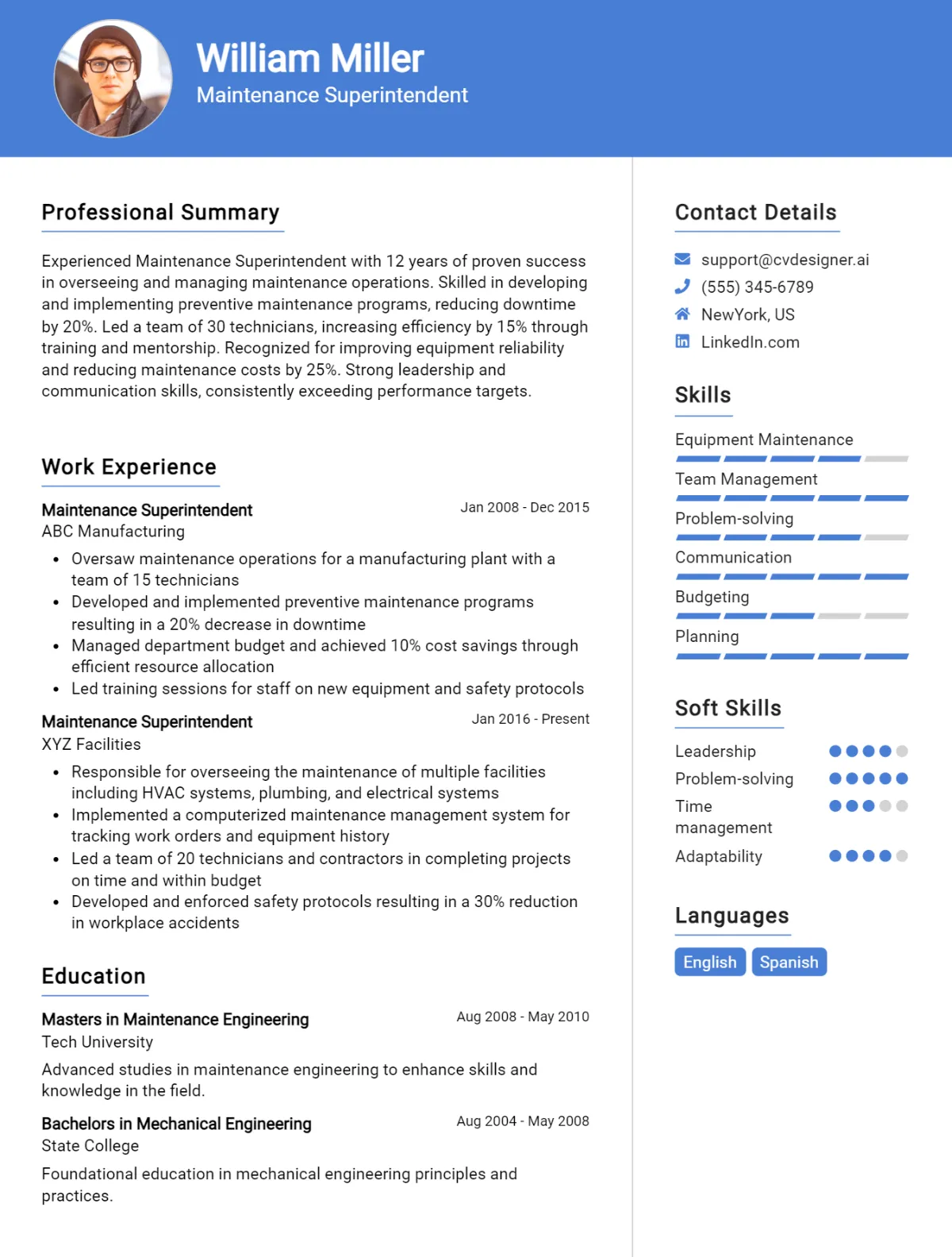 Maintenance Superintendent CV Example For 2026: Expert Tips & Templates Preview