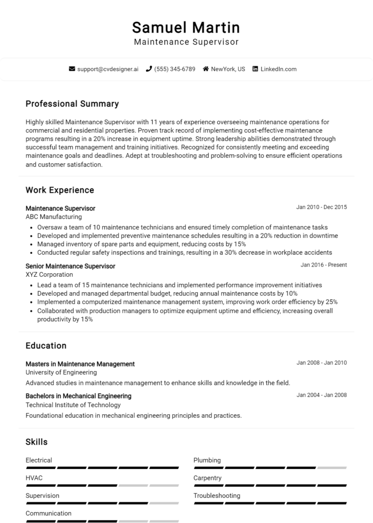 Maintenance Supervisor Resume Example
