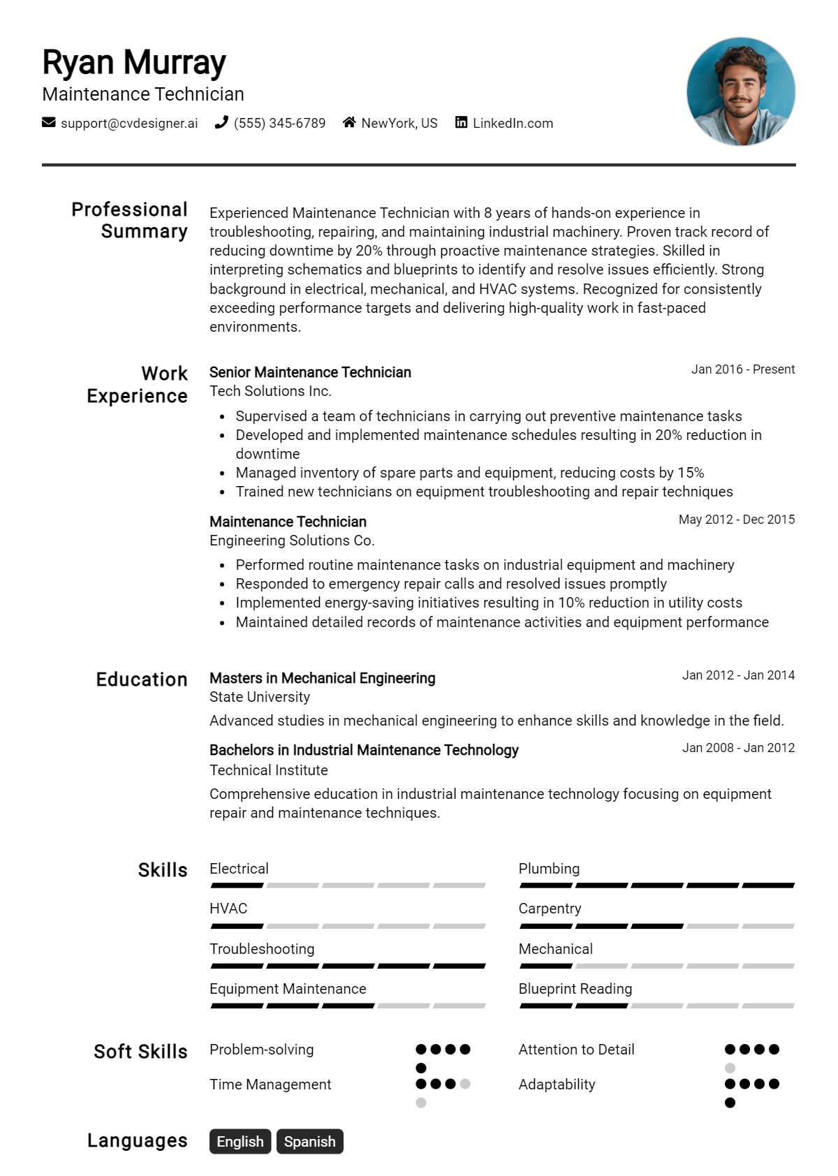 Maintenance Technician Resume Example for 2026: Free Professional Templates Preview