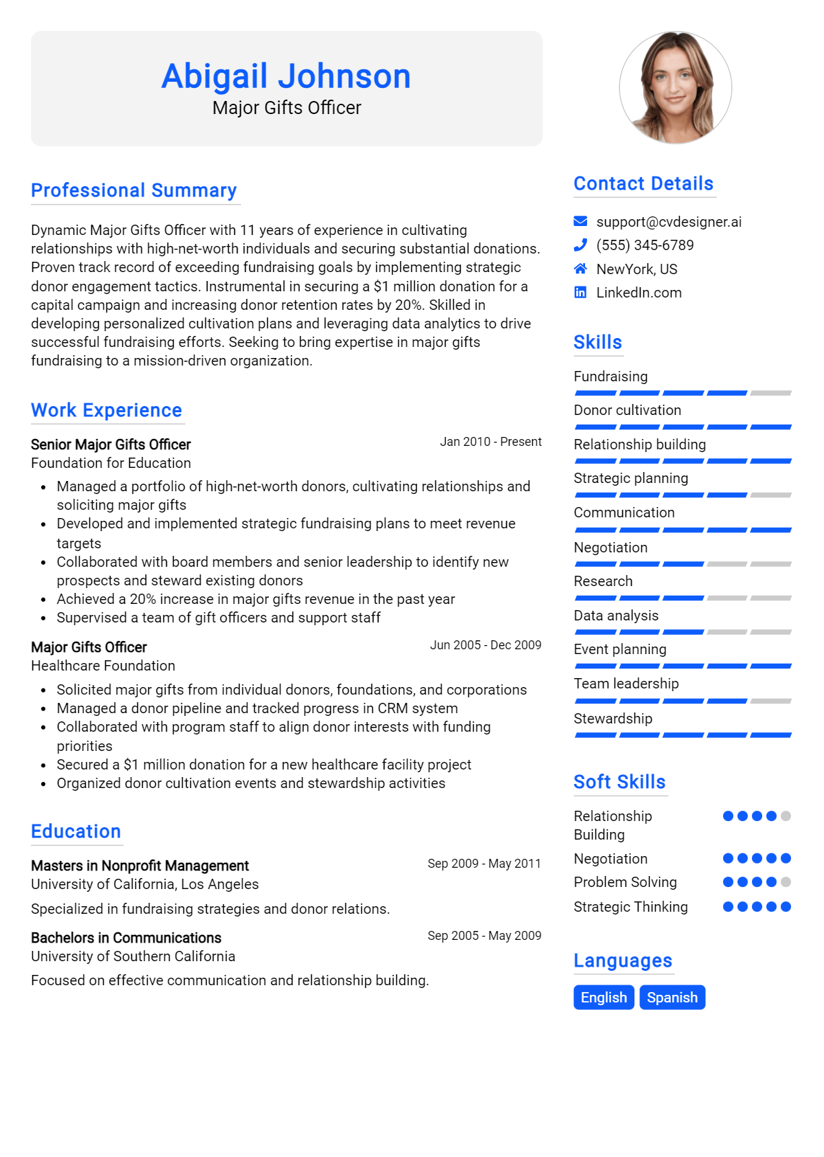 Major Gifts Officer Resume Example for 2026: Top CV Skills Preview