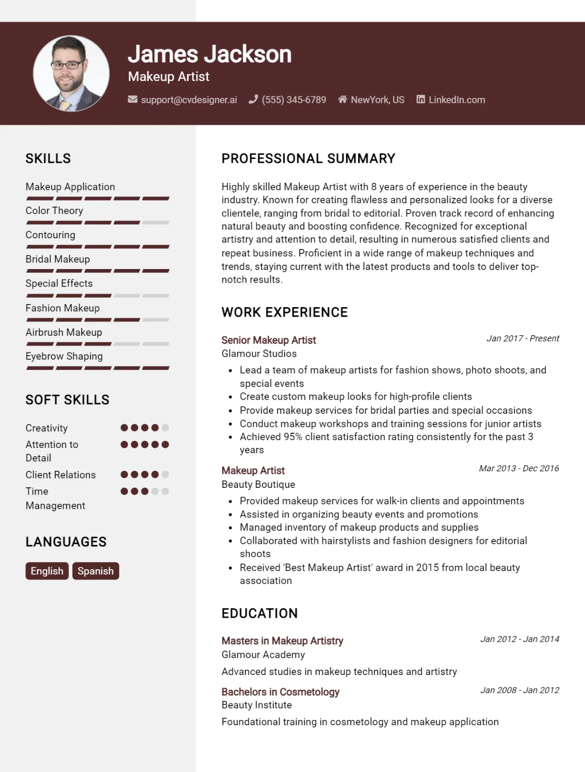 Makeup Artist CV Example For 2026: Examples & Free Templates Preview