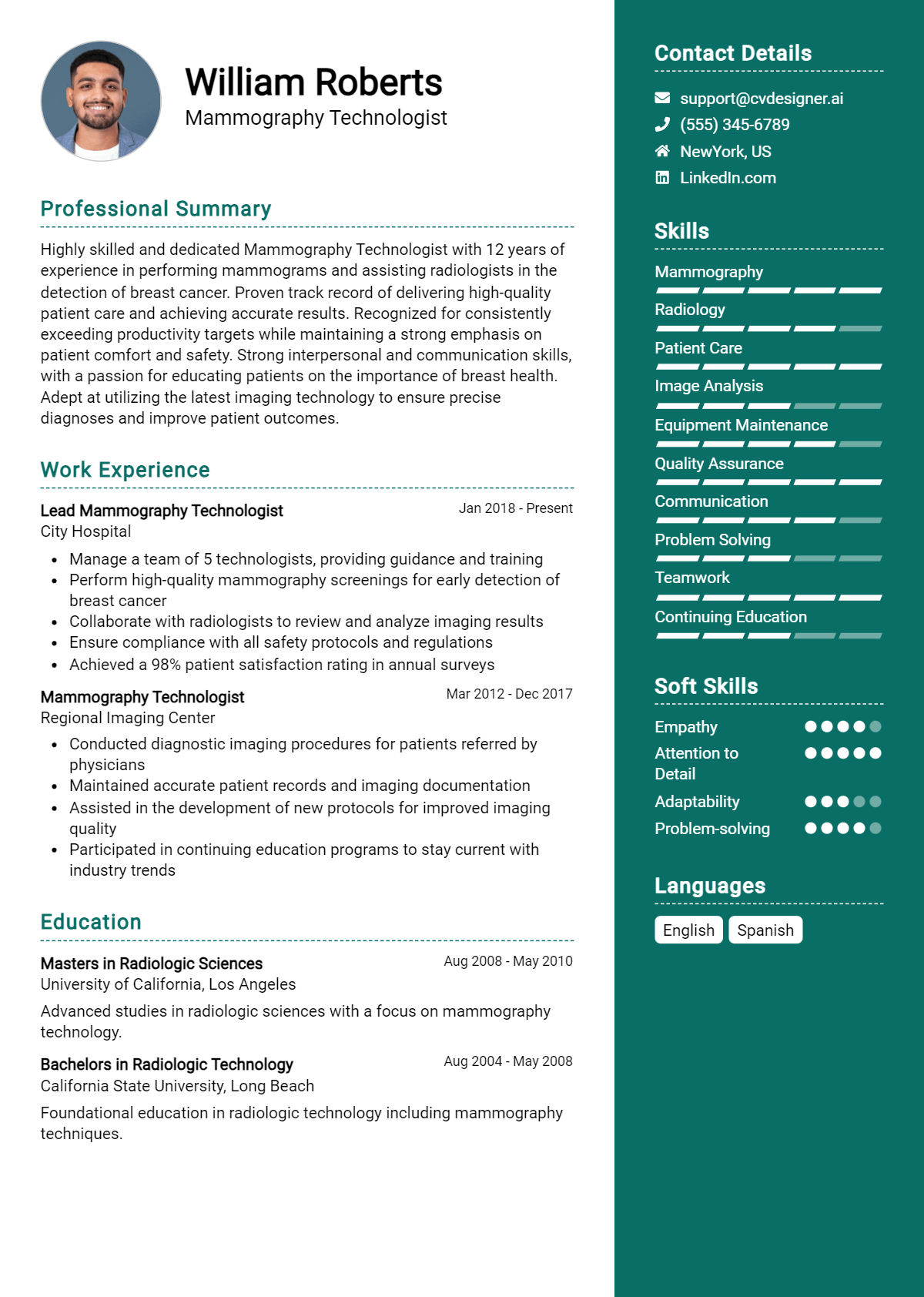 Mammography Technologist Resume Example for 2026: Examples & Free Templates Preview