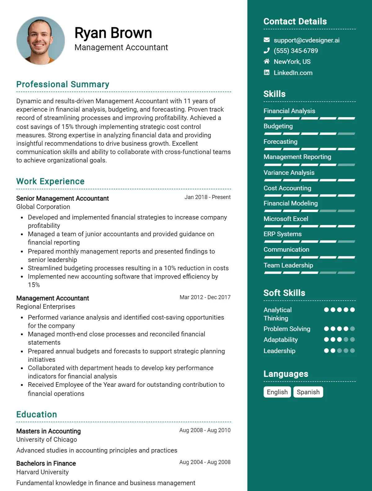 Management Accountant CV Example For 2026: Free Professional Templates Preview