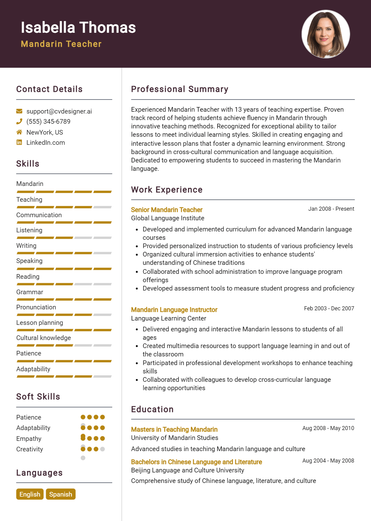 Mandarin Teacher Resume Example for 2026: Free Downloadable Templates Preview