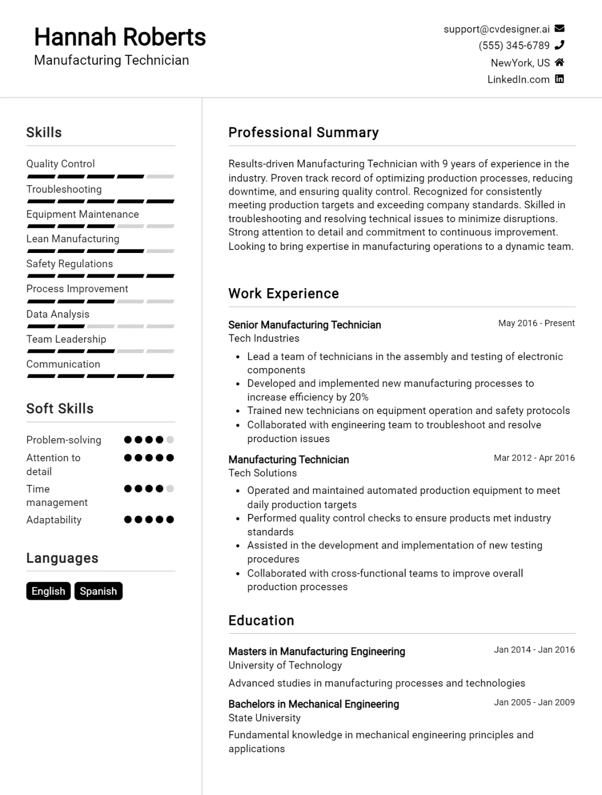 Manufacturing Technician CV Example For 2026: Best Tips & Templates Preview