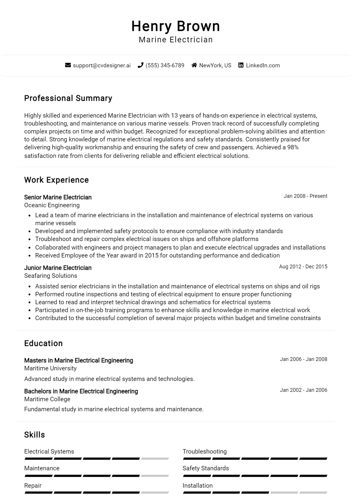 Marine Electrician Resume Example for 2026: How to Create a Professional CV Preview