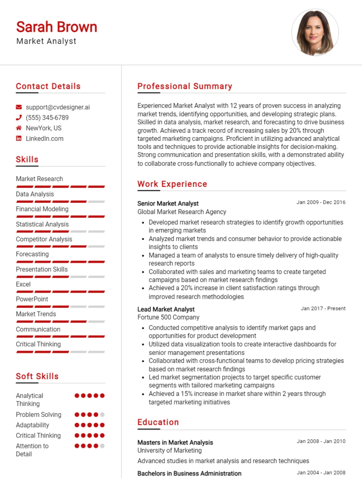 Market Analyst CV Example For 2026: Professional CV Templates Preview
