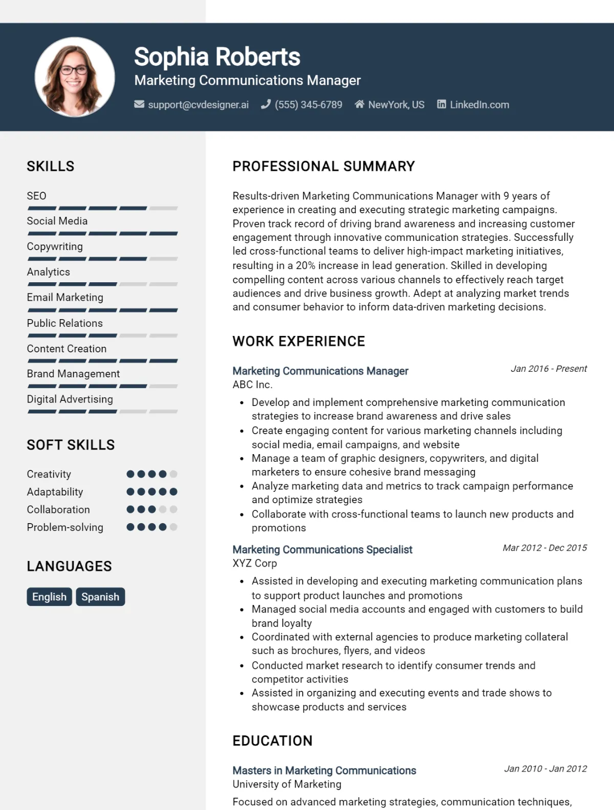 Marketing Communications Manager CV Example For 2026: Professional CV Templates Preview