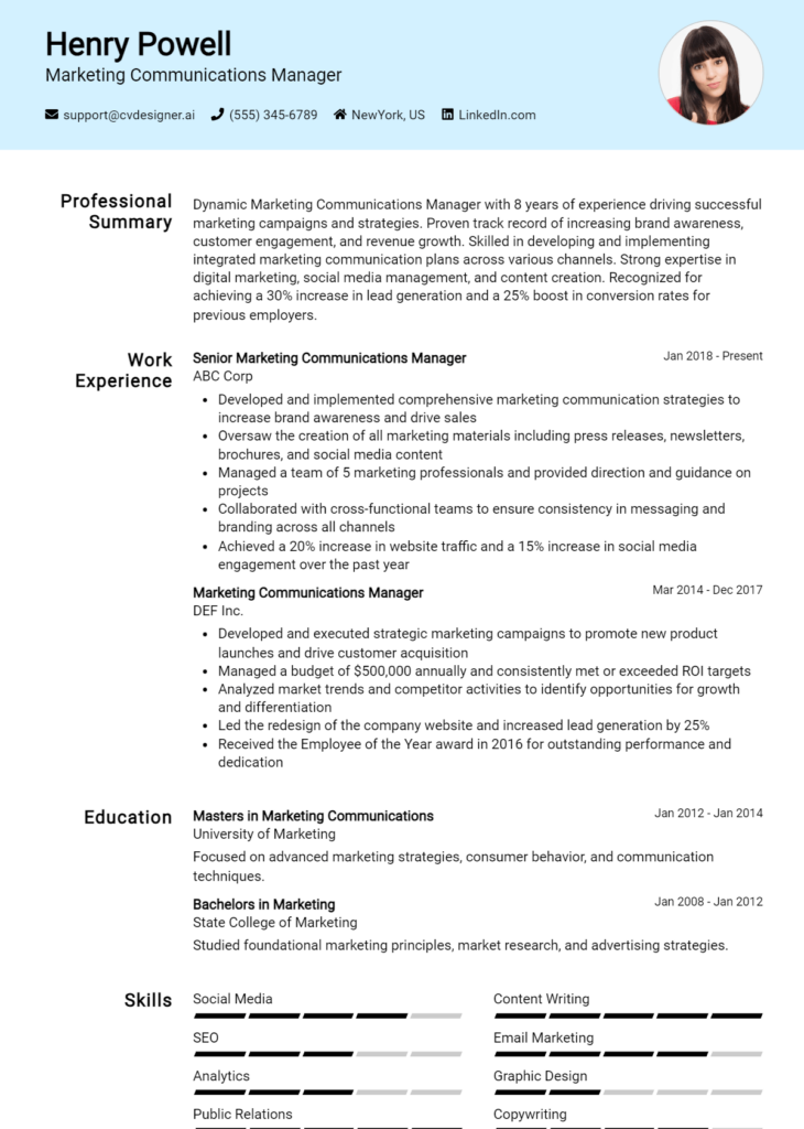 Marketing Communications Manager Resume Example