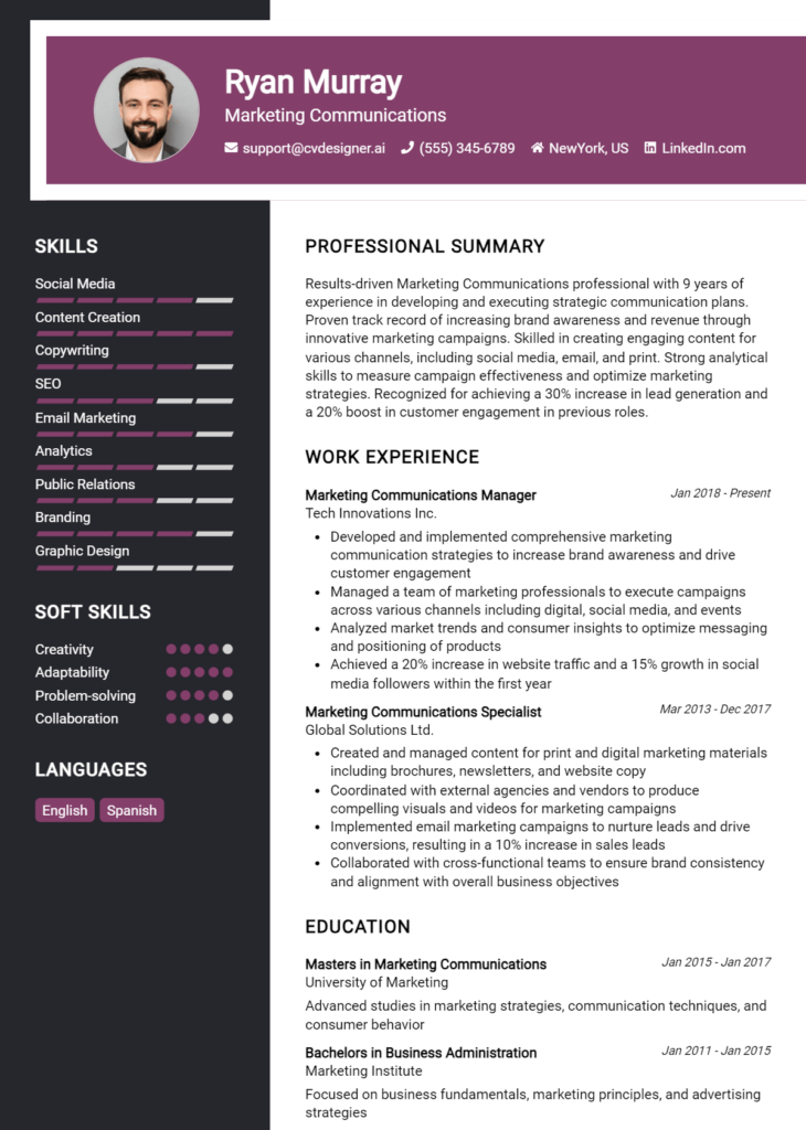 Marketing Communications Resume Example