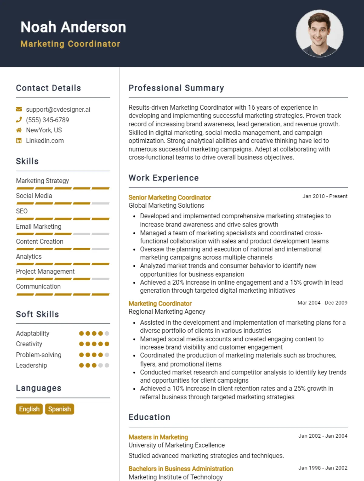 Marketing Coordinator CV Example For 2026: Free Professional Templates Preview