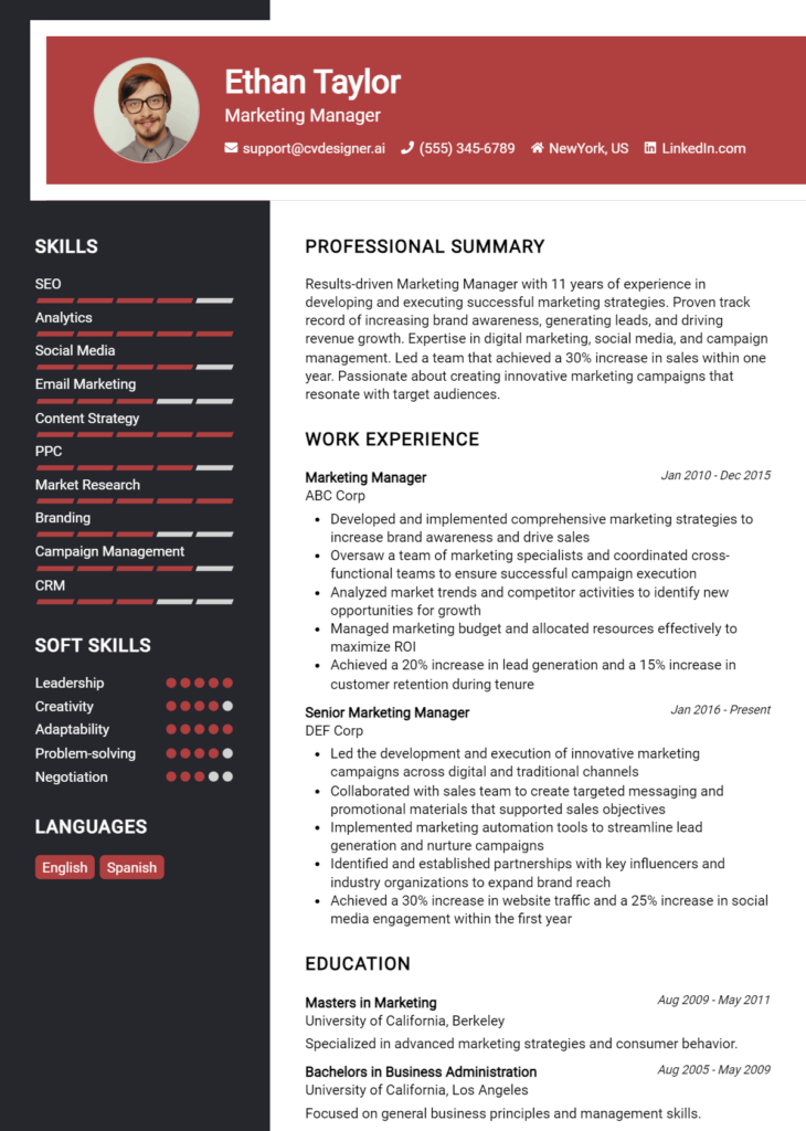 Marketing Manager Resume Example